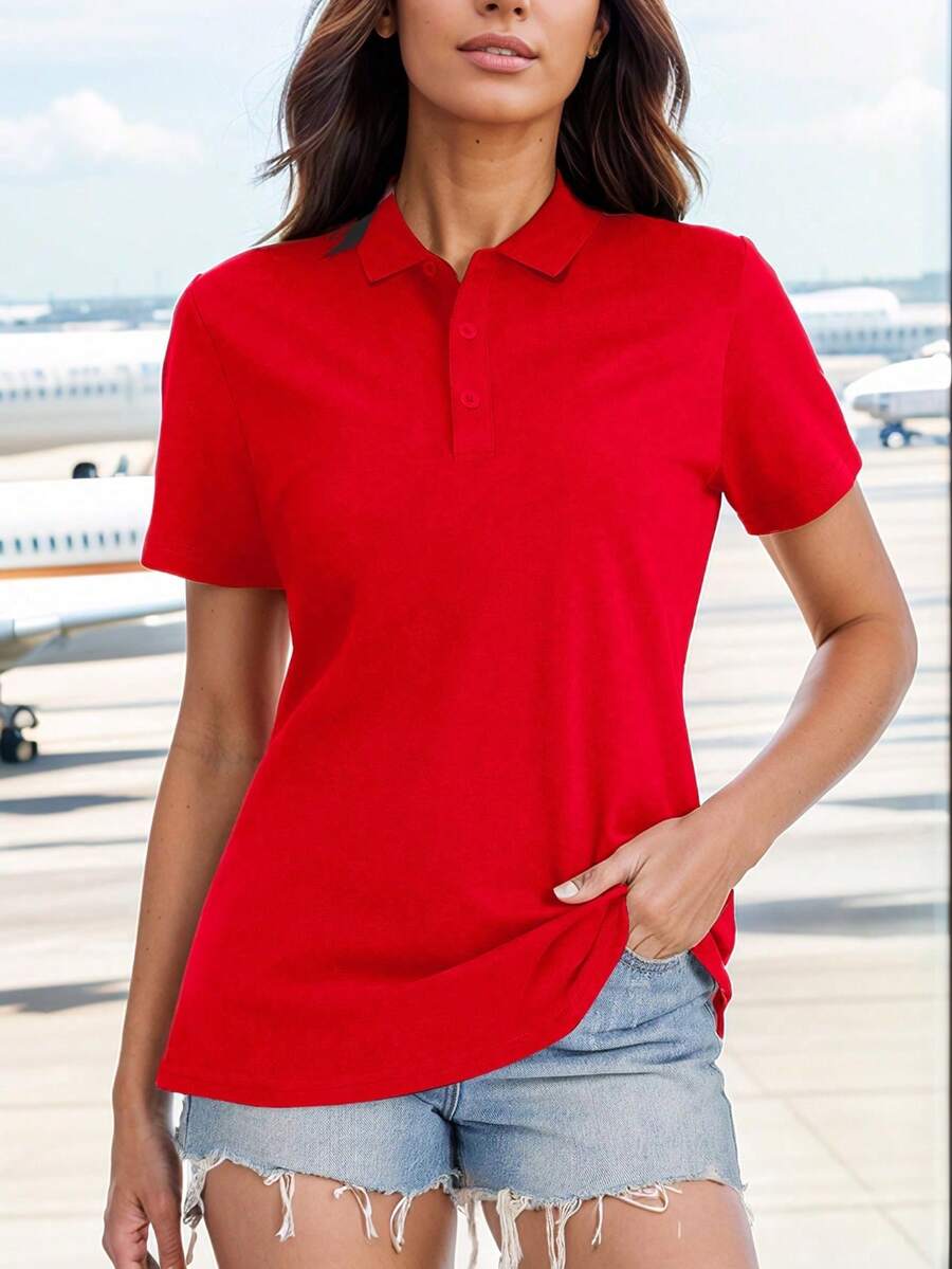 女士纯色短袖休闲健身户外Polo衫，休闲工作短袖翻领高尔夫Polo衫，户外Polo衫和T恤