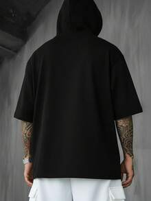 Camiseta con capucha de manga corta de unicolor con cordón para hombre GRDR, adecuada para uso casual al aire libre en verano - Negro - Ver 4