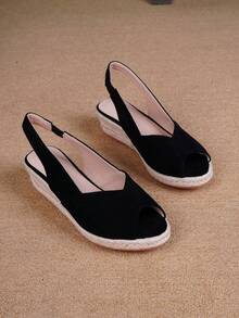 新款时尚女士休闲编织坡跟露趾凉鞋 - 黑色 - 查看 7