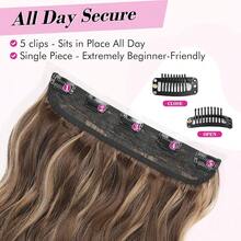 Clip In Hair Extensions, 20" One Piece Hair Extension Clip In Wefts Long Thick Beach Wavy Natural Soft Synthetic Hairpieces For Women, Chocolate Brown With Blonde Highlights,ChocolateBrownwithBlondeHighlights-Wavy - 巧克力棕色帶金色挑染 - 波浪捲 - 查看 4