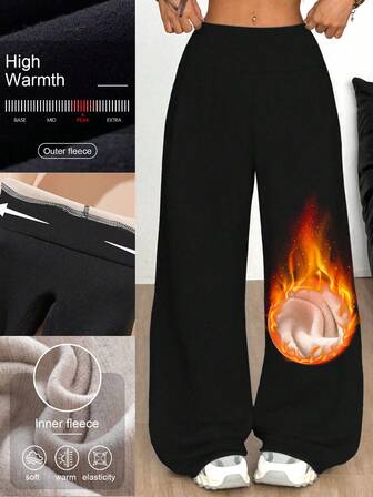 1pc Women's Autumn/Winter Thermal-Lined Wide Leg Pants, Solid Color High Waist Thick Warm Flared Trousers, Heat-Retaining Thick Anti-Pilling Pants Suitable For Yoga, Fitness, Running, Long Knitted Fabric, Polyester And Spandex, Sporty And Casual Style, Holiday Gift