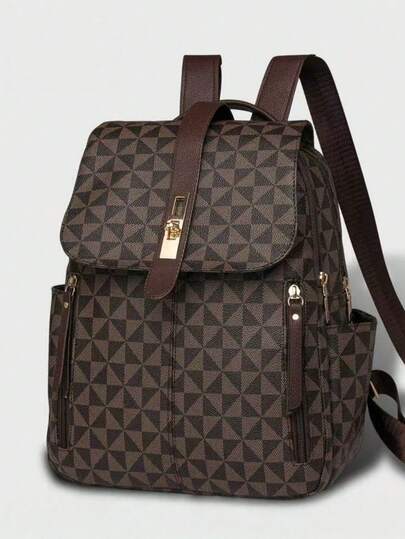 Anti-Theft PU Leather Geometric Print Backpack, Women's Multifunctional Fashion Daily Bag, Multi-Pocket Lightweight Travel Bag, Large Capacity Minimalist Bookbag, Convenient Backpack, Suitable For Students, Travel, Business, Commuting, Shopping, Office, Dating, Outdoor Activities, Birthday Gift, Holiday Gift, College Style Student Backpack