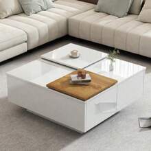 Modern Square Coffee Table In Glossy White Wood With A Shelf Measuring 75 X 75 X 33.5 Cm, Small Sliding Tray, Maximum Load Capacity 30 Kg. - White - View 1