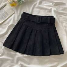 Cord Belted Pleated Skirt Texture Corduroy Box Pleat Mini Skirt With Belt Women Teen-Girl Academy School Autumn Winter Outfit - 黑色 - 查看 9
