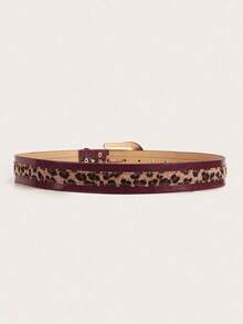 1pc Vintage Western Style Coffee Color Metal Carved Buckle Dragon Embossed PU Leather Belt, Suitable For Daily Wear - 酒紅色 + 豹紋縫線 - 查看 4