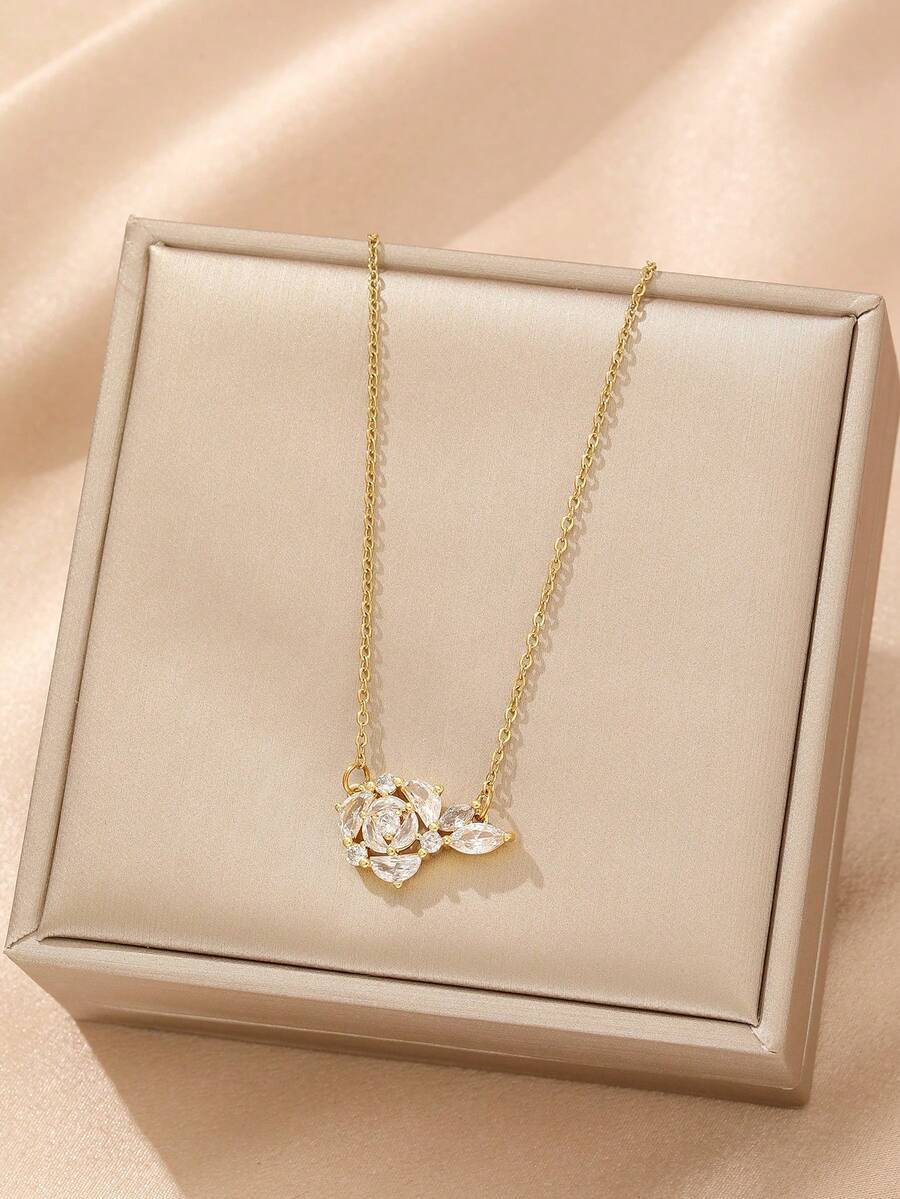 1pc Rose Gold Cubic Zirconia Pendant Necklace, Elegant Minimalist Fashion Unisex Necklace, Casual Daily Wear (OPP Bag Packaging) - Yellow Gold - View 1