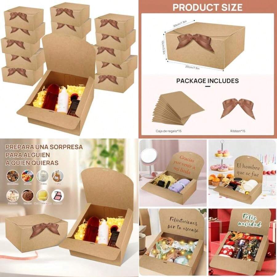 15 PCS Cajas de Regalo con Tapa, Caja de Regalo de Papel con Cinta, Caja de Propuesta de Dama de Honor para Boda, Embalaje, Regalo, Cumpleaños, Cupcake (, M(20 * 20 * 10cm))(caqui M(20*20*10cm)) - Multicolor - Ver 1