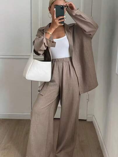 Women's Solid Color Long Sleeve Single-Breasted Shirt And Wide-Leg Pants Casual Suit Spring