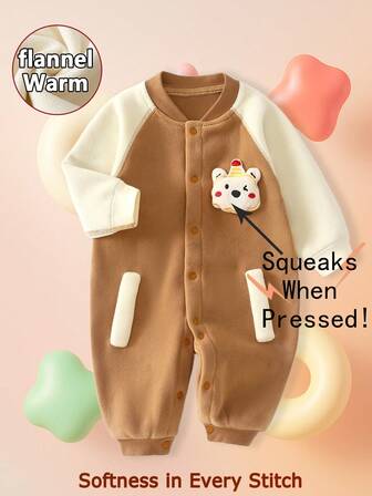 婴儿连体衣一件装，可爱卡通熊印花，加厚保暖绒面面料，长袖连体衣，男女通用，秋冬季