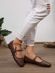 Bowknot Strap Women's Flat Shoes, Square Toe Mary Jane Style, Fashion & Versatile, Spring/Autumn - Burgundy - View 11