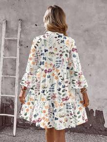 休闲简约V领七分袖复古印花图案女式短款连衣裙，时尚夏季度假春季连衣裙 - 白色 - 查看 3