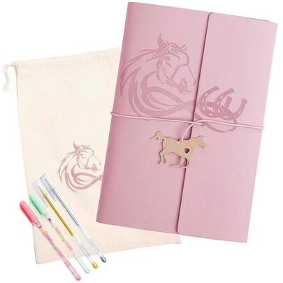 7PCS Horse Journal Notebook 130 Sheets (260 Pages) With 4 Pens, Horse Charm, Muslin Cotton Pouch & Secret Pen Pocket. Refillable Journal Ideal For Writing, Drawing & ScrapbooFKing (Pink),Pink