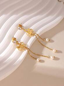 MESTILO 一对优雅花朵吊坠耳环，配长链，适合女士日常佩戴 - 金色 - 查看 3