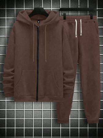 2개 남성 캐주얼 스포츠 지퍼업 후드 재킷 및 드로스트링 허리 탄성 커프스 바지 세트