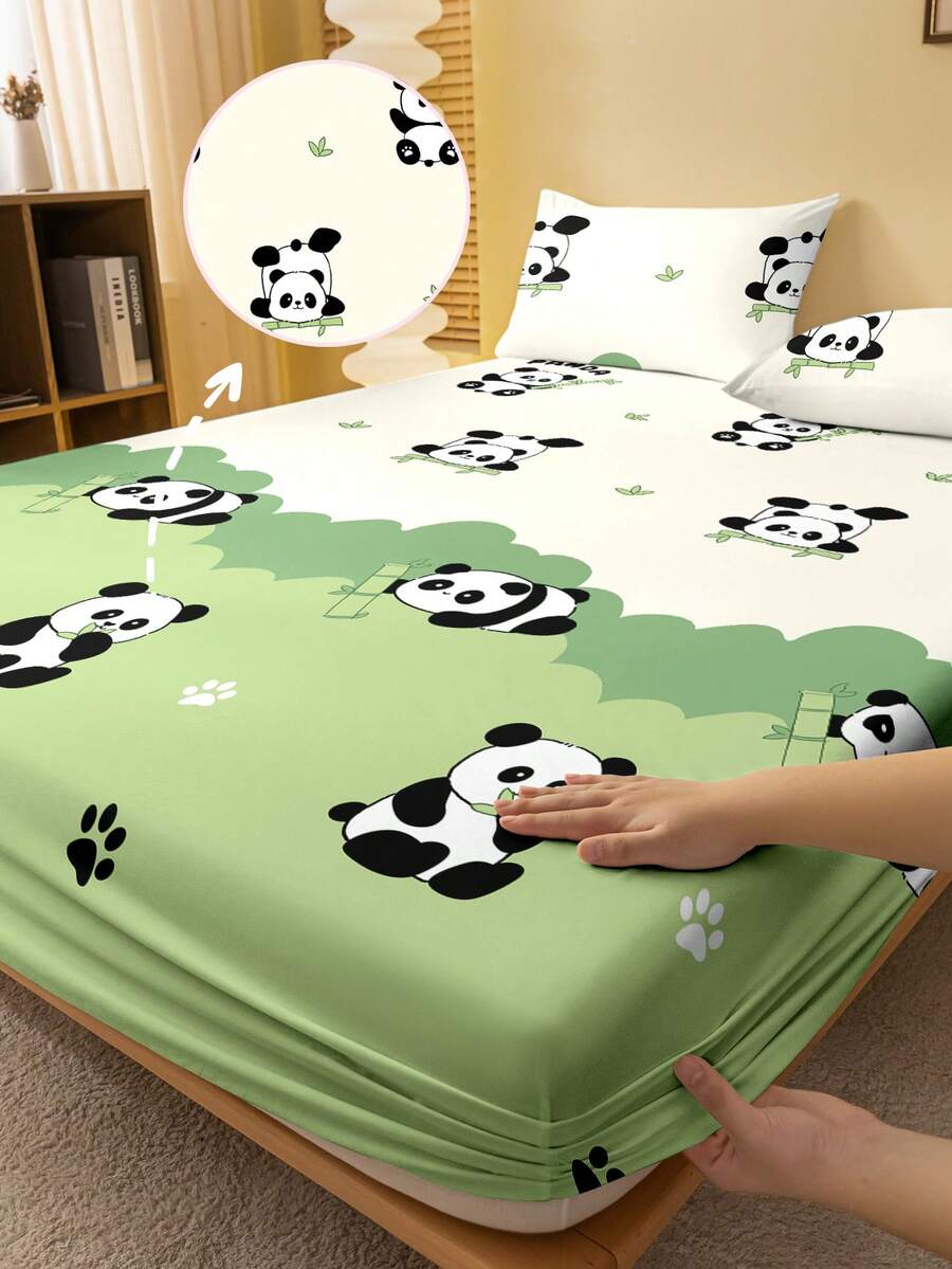 1件卡通熊猫吃竹子印花磨毛床笠，卧室印花床罩，床上用品（不含枕套） - 彩色 - 查看 1