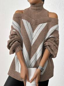大码露肩高领撞色宽松毛衣 - 卡其色 - 查看 3