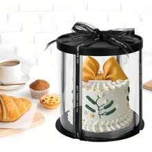 5个透明圆形蛋糕盒，尺寸约为9 x 9 x 6.29英寸（约22.9 x 22.9 x 16厘米），配有丝带，高展示效果透明塑料礼品盒，适用于婚礼、生日等场合 - 彩色 - 查看 1