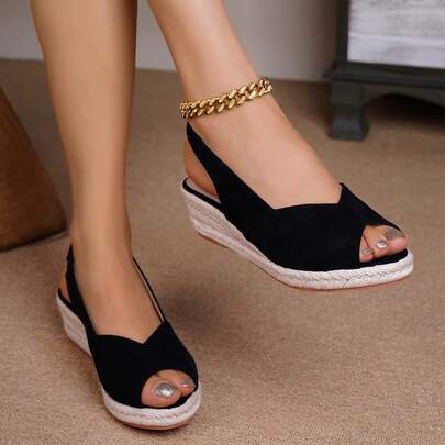 Giày sandal hở mũi đế xuồng dệt kim thời trang mới cho nữ