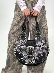 Y2K街头风女士个性化豹纹手提包，大容量复古铆钉工艺单肩包，多口袋拼接设计，可拆卸肩带，斜挎包，日常、工作、派对皆宜，是绝佳的节日时尚礼物。 - 棕色 - 查看 7