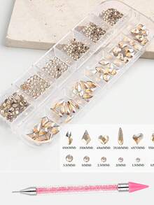 1 Hộp 12 viên đá đính móng tay màu vàng kim, kích thước 1.5-4mm, dạng tinh thể dẹt mini và đá quý 3D các loại, kèm bút chấm hai đầu để trang trí móng tay, mặt dây chuyền kim cương và đá quý màu vàng sâm panh để trang trí móng tay, dụng cụ làm móng. - Rượu sâm banh - Xem 12