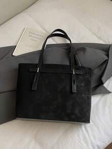 1 pièce Nouveau sac fourre-tout à une épaule de grand format, style affaires pour femmes. Sac à main minimaliste à la mode avec décoration florale, convient pour le bureau, les déplacements, les courses, les voyages - Noir - Voir 5