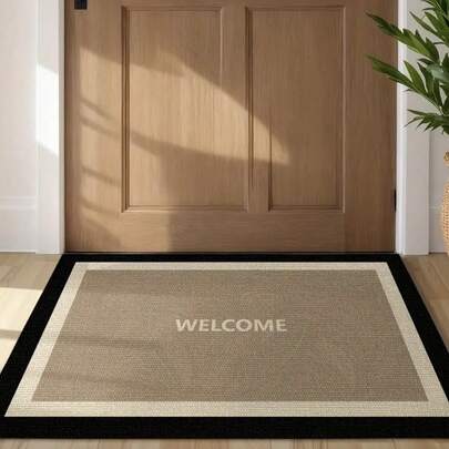 1 件装耐用欧式简约迎宾门垫 - 室内/室外入口地垫，印有“WELCOME”字样，米色和黑色边框，适用于门廊、露台、入口处 - 仅限手洗，前门迎宾垫