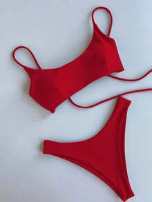 Set Bikini Wanita Terbaru Musim Panas Gaya Liburan Pantai Eropa dan Amerika Elegan Seksi Warna Merah Polos Tanpa Punggung dengan Tali Pengikat - Merah - View 1