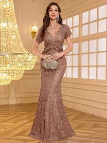 女士优雅亮片V领晚礼服，魅力性感亮片婚礼春季派对礼服 - 咖啡棕 - 查看 5