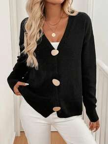 Plus Size Women's Solid Color Drop Shoulder Long Sleeve Casual Knit Cardigan, Pebble Texture Button Sweater, Autumn/Winter - Black - View 3