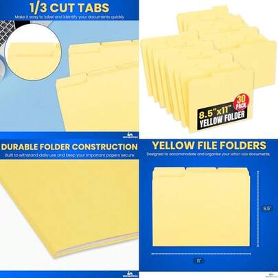 New 1InTheOffice Yellow File Folders Letter Size Manilla Folders With Tabs Yellow 1/3 Cut Assorted Tab 30 Pcs