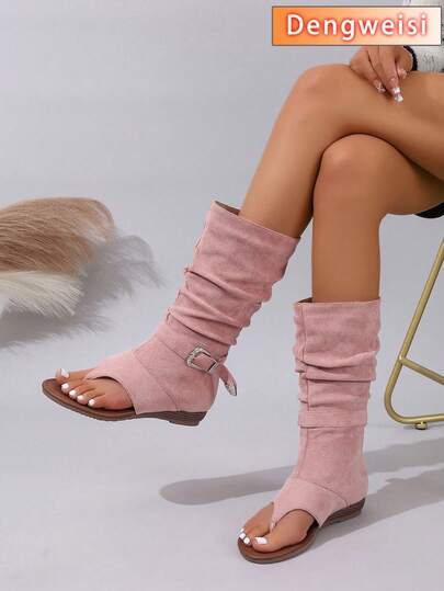 Pink Pleated Strap Decor Low Heel Round Toe High Shaft Casual Comfortable Summer Women Gladiator Sandals