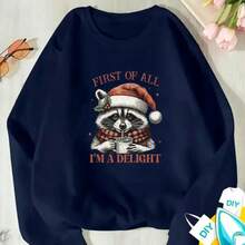 1pcs  Iron-On StickersVinyl Santa Claus Iron-On Heat Transfer Patches Racoon Wearing Santa Hat And Scarf Holding Mug With Straw And Text First Of All I'm A Delight Halloween, Christmas, Holiday Suitable For T-Shirts, Hoodies, Pillows, Handbags