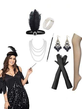 D EXCEED 7 件套 1920 年代复古女郎精美配饰套装，时尚咆哮的二十年代主题套装，包含复古女郎发带、长手套、项链和耳环，女士专属。