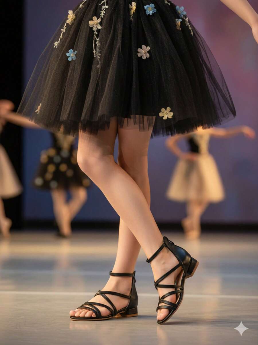 1双时尚小女孩优雅高跟罗马系带凉鞋，适合学生舞蹈表演、芭蕾舞、婚礼、派对，日常公主风高跟鞋可搭配连衣裙