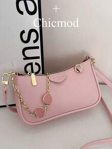 新款时尚经典百搭纯色PU防水面料单肩法棍包，草莓金属链条装饰腋下包，优雅手提包，商务通勤包，适合旅行、购物、聚会、派对节日。