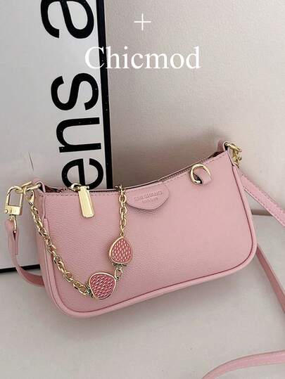 New Fashion Classic Joker Solid Color Pu Waterproof Fabric One-Shoulder Baguette Bag, Strawberry Metal Chain Decorated Underarm Bag, Elegant Handbag, Business Commuter Bag, Suitable For Travel, Shopping, Parties, Party Festivals. , Pink