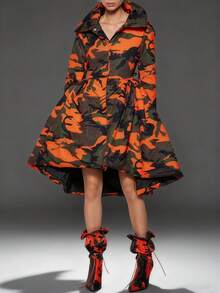 Magic Mia Women's Orange Camo Puffer Coat - High Collar With Cinched Waist & Asymmetric Hem | Statement Fit For Street Fashion, Party Events & Edgy Styling (Cotton-Blend Warm & Unique Design) For Bold Outfits - 迷彩 - 查看 2