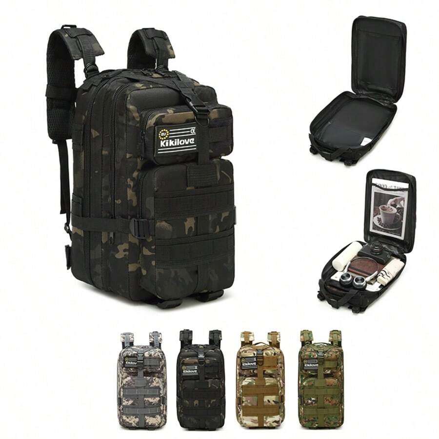 kikilove 迷你迷彩徒步背包，轻巧耐用，适合存放装备，配有舒适的肩带。它是登山、野外探险、户外开发和攀岩的理想之选。对于需要轻便实用背包来安全携带装备的冒险家、登山者和户外爱好者来说，这款背包堪称完美之选。 - 棕色迷你迷彩包 - 查看 1