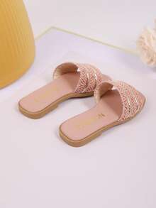 1双女童编织金属带单带凉鞋 - 可爱露趾儿童时尚拖鞋，适合日常穿着和度假 - 粉色 - 查看 7