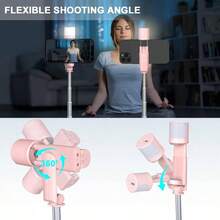 Trpode para selfie con luz u2013 Soporte extensible para telfono 3 en 1, control remoto inalmbrico desmontable, compatible con 15/14/14 Pro/13/13 Pro/12/11 Pro,/ rosa - Rosado - Ver 3