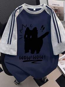 Camiseta de manga corta para adolescentes con gráfico de gato oversize, suave y cómoda para uso diario - Gris - Ver 2