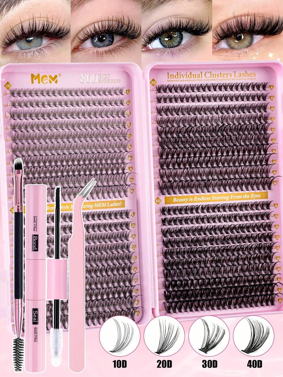 800pcs Thick C-Curl 8-18mm Mixed DIY Eyelash Extension Kit, Includes DIY Lower Lashes, Lash Book, Soft Cluster Lashes, Create Fluffy Natural Y2K Butterfly Makeup Effect With Pink Base Card, Easy To Do Long-Lasting Makeup At Home. Kit Includes DIY Lash Glue, DIY Remover And DIY Lash Tweezers, Suitable For Travel, Daily Wear (Beginner Friendly), Wedding, Date, Party, Holiday, Especially Suitable As Christmas/Halloween/Gift Eyelash Set. - 黑色 - 查看 1