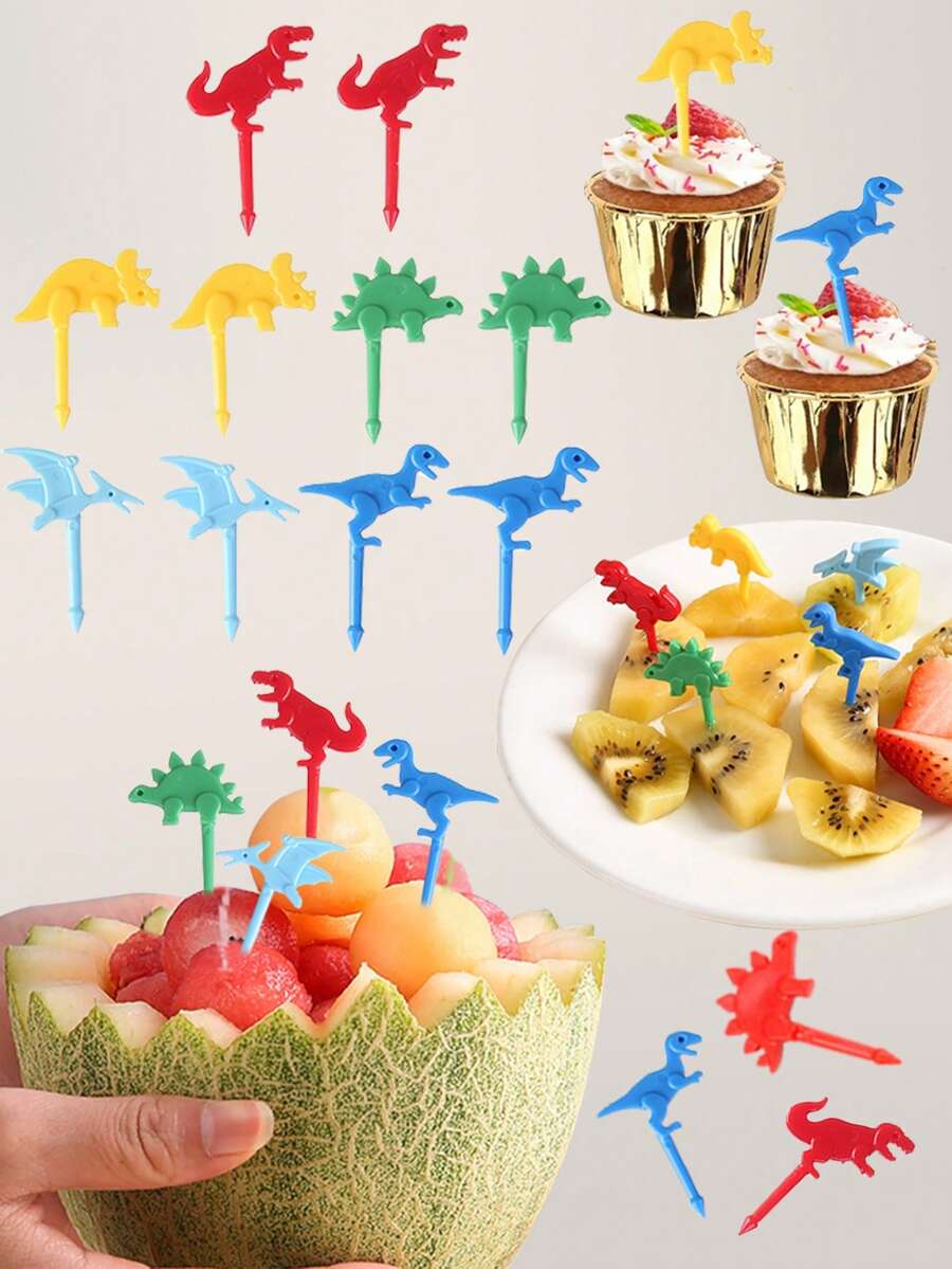 10pcs/20pcs/30pcs/40pcs/50pcs Jurassic Fruit Forks, Random Colors Bento Dessert Forks, Made Of ABS Material, Suitable For Lunch Box, Bento Box, Party Snacks - Multicolor - View 1