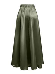 EARO Women's European And American Fashion Elegant Satin High-End Everyday Versatile Skirt, High Waisted Slimming Stretchy Knee-Length A-Line Flared Skirt, Autumn/Winter - 綠色 - 查看 3