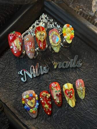 10pcs Almond Nail Set, Handmade Nail ArtStickers,3D Three-Dimensional Nail Rhinestone Accessories,Colorful Shiny Nail Gems, Red&Yellow Tie Dye, Hand Drawn Heart With Pearls Design Wearable NailArt Set, 3D Heart&Cherry&Bow&Strawberry Design, Suitable For Women To WearDaily Parties&New Year&Christmas (With: A Piece Of JellyGlue And A Friction Strip) Nail SupplysNails