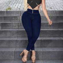 女士高腰修身铅笔裤，凸显身材曲线，适合春夏、度假、假日穿着，休闲牛仔风格，百搭户外服饰 - 寶藍色 - 查看 3