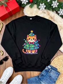 Sweatshirt para Mujer con Estampado de Gato Árbol de Navidad, Ideal para Fiestas de Navidad y Días Festivos, Regalo Perfecto para Amantes de los Gatos y de la Navidad, Confortable y Stylish para Uso Cotidiano y Ocasiones Especiales - Negro - Ver 3