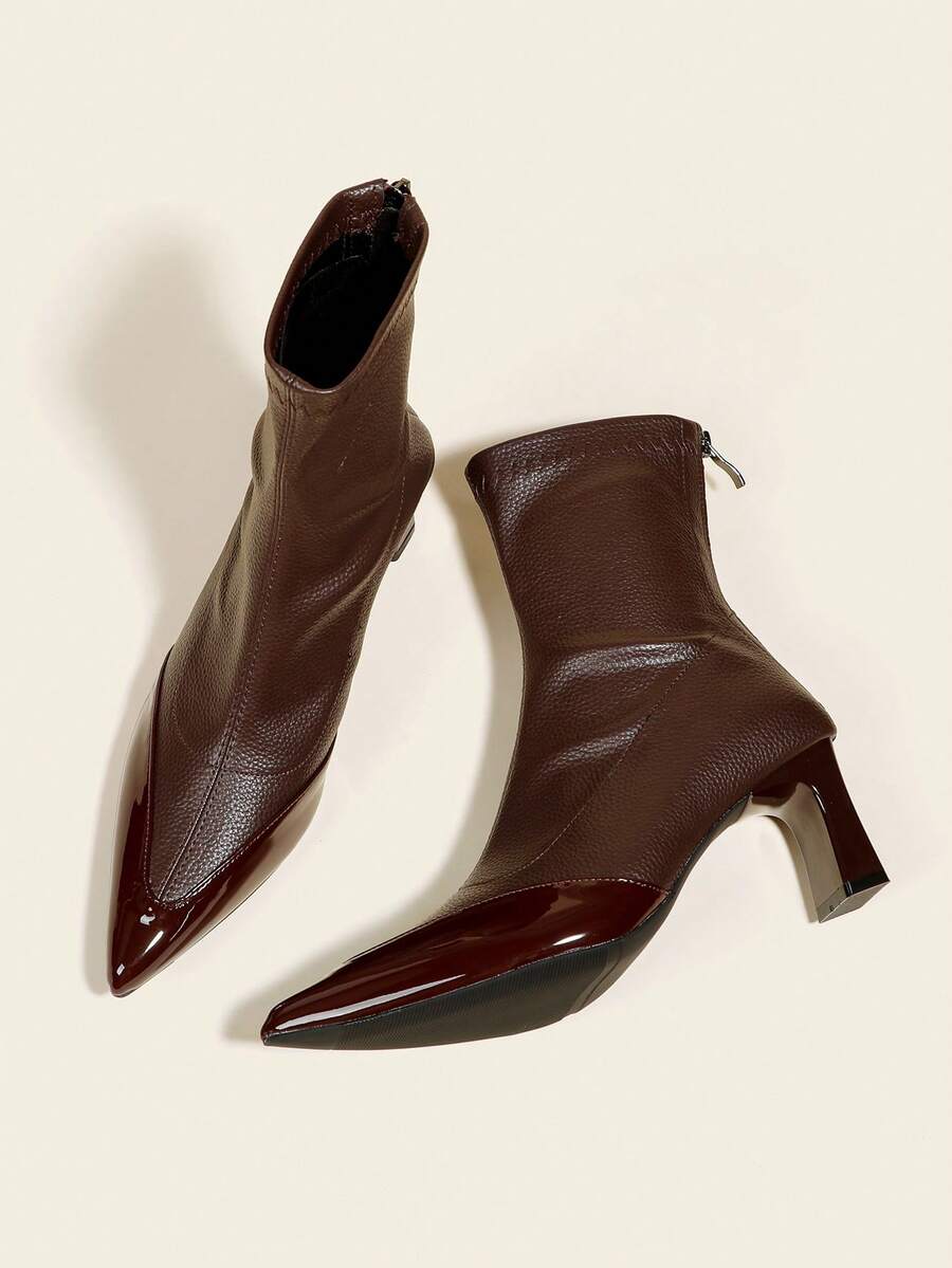 女士咖啡棕色踝靴，7厘米高跟，弹力修身靴，舒适时尚，尖头高跟鞋 - 棕色 - 查看 1