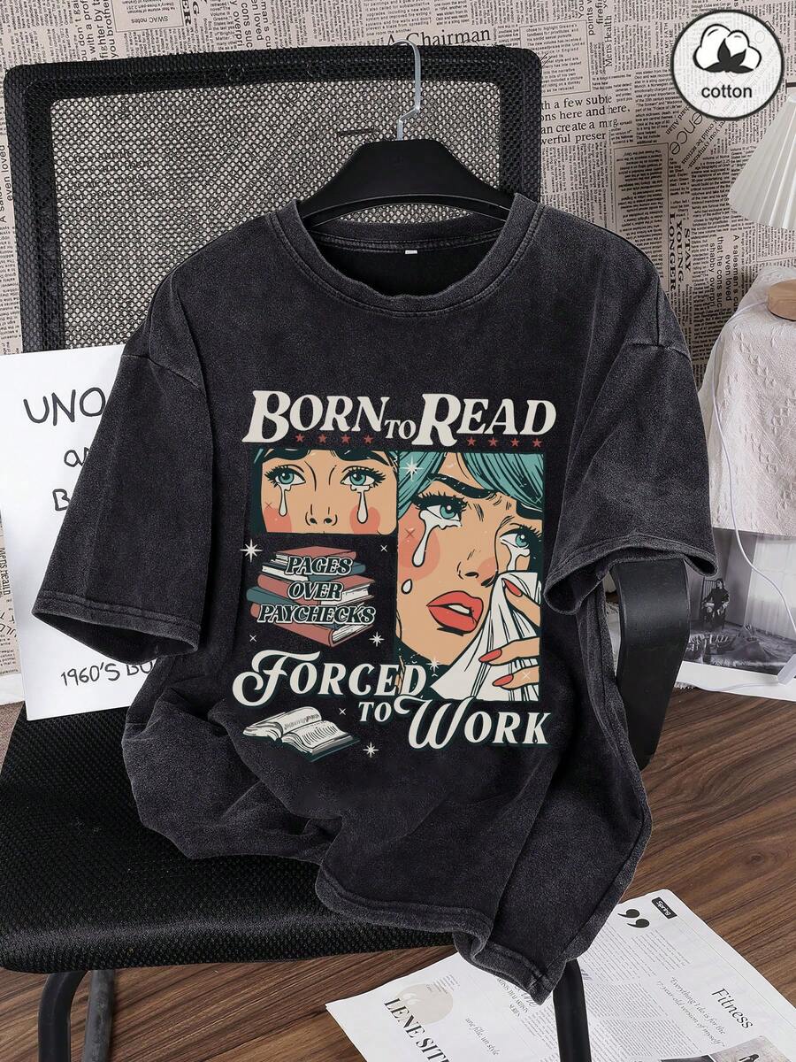 Es Trus Cotton Summer Women Funny Printed Hiphop "Cartoon Girl" Personalized Pattern Street Style, Korean Version Comfortable Retro Fashion Commute Versatile Y2k Women Tank Top, Suitable For Outdoor Leisure, Regular Niche Punk Style Black Slim Fit Crew Neck Distressed Women T-Shirt Casual Vacation