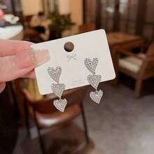 1 Pair Silver Rhinestone Heart Stud Earrings, Fashionable Tassel Earrings With Unique Heart Design, Elegant Jewelry - Multicolor - View 4